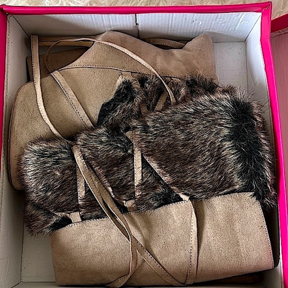 Suede Light Taupe Lace Up Faux Fur Boots - Picture 4 of 17